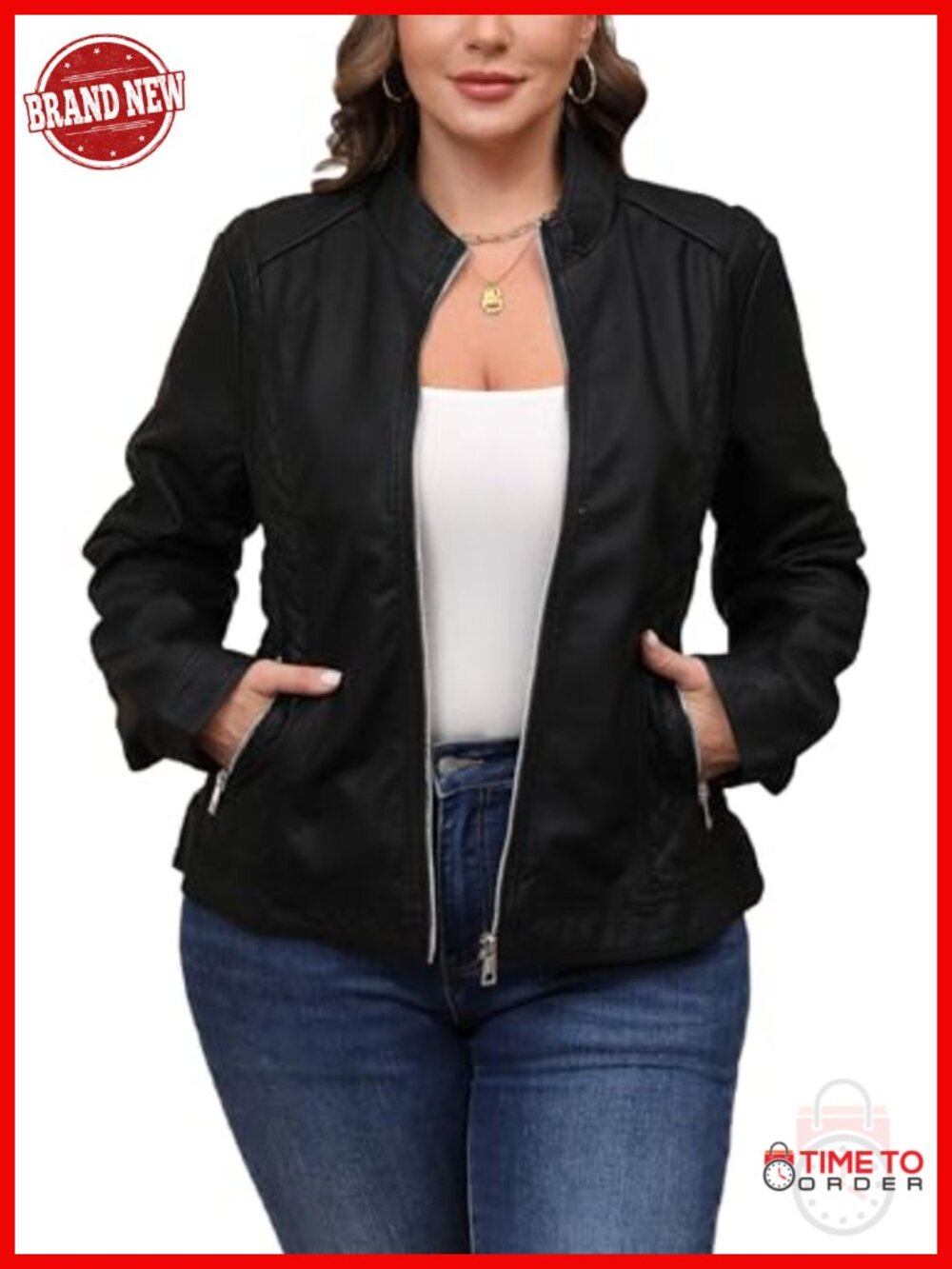 Faux Leather Moto Jacket Stand Collar Bomber with Pockets